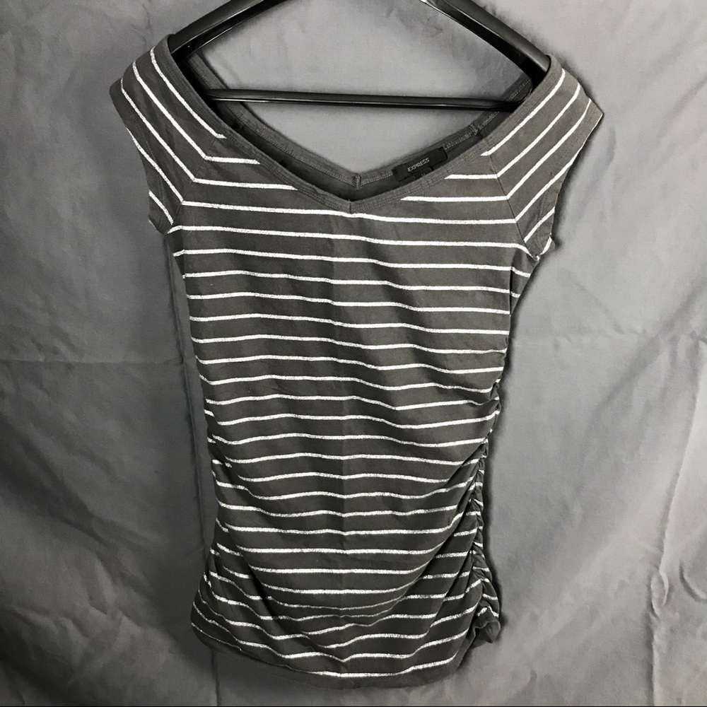 Off-The-Shoulder Gray Top with Silver Stripes